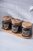 Acar 7937 Pierre 3 Lü Akasya Ahşap Kapak ve Tepsili Kavanoz Seti 12 Cm - Amber - 1
