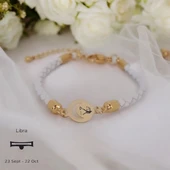 Burca Özel Ay Motifli Doğal Beyaz Derili 14 Ayar Altın Plakalı Hediye Bileklik-477 thumbnail 1