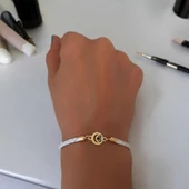 Sembole Özel Doğal Beyaz Derili 14 Ayar Altın Plakalı Ay Motifli Hediye Bileklik-477 thumbnail 2