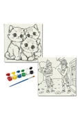 dudugift OKUL Etkinliği-2'li Tuval Boyama Seti. 20x20 Cm Uv Baskı 6 Akrilik Boya 1 Fırça-model-359 - 1