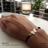 Doğum Ayına Özel 14 Ayar Altın Plakalı Kelebek Figürlü Siyah İpek Örgülü Hediye Bileklik-480 thumbnail 2