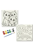 dudugift OKUL Etkinliği-2'li Tuval Boyama Seti. 20x20 Cm Uv Baskı 6 Akrilik Boya 1 Fırça-model-287 - 1