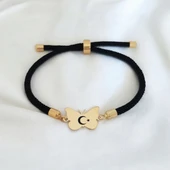 Sembole Özel Siyah İpek Örgülü 14 Ayar Altın Plakalı Kelebek Figürlü Hediye Bileklik-480 thumbnail 1