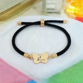 İsme Özel Kelebek Figürlü Siyah İpek Örgülü 14 Ayar Altın Plakalı Hediye Bileklik-480 thumbnail 1