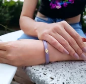 Harfe Özel 14 Ayar Altın Plakalı Kalp Motifli Doğal Mor Derili Hediye Bileklik-479 thumbnail 2