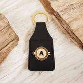 Harfe Özel 14 Ayar Altın Plakalı Yuvarlak Figürlü Hakiki Siyah Derili Hediyelik Anahtarlık-485 thumbnail 1