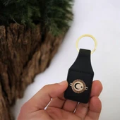 Sembole Özel Hakiki Siyah Derili 14 Ayar Altın Plakalı Yuvarlak Figürlü Hediyelik Anahtarlık-485 thumbnail 2