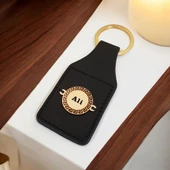 İsme Özel Yuvarlak Figürlü Hakiki Siyah Derili 14 Ayar Altın Plakalı Hediyelik Anahtarlık-485 thumbnail 1