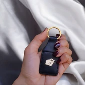 Harfe Özel 14 Ayar Altın Plakalı Kalp Figürlü Doğal Siyah Derili Hediyelik Anahtarlık-488 - 2