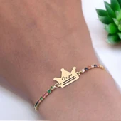 İsme Özel Taç Motifli Renkli Taş Desenli Zincirli 14 Ayar Altın Plakalı Hediye Bileklik-489 thumbnail 4