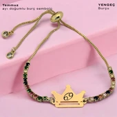 Doğum Ayına Özel Zincirli 14 Ayar Altın Plakalı Taç Motifli Renkli Taş Desenli Hediye Bileklik-489 thumbnail 1