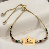 Sembole Özel Renkli Taş Desenli Zincirli 14 Ayar Altın Plakalı Taç Motifli Hediye Bileklik-489 thumbnail 1