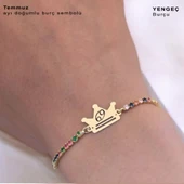 Doğum Ayına Özel Zincirli 14 Ayar Altın Plakalı Taç Motifli Renkli Taş Desenli Hediye Bileklik-489 thumbnail 4