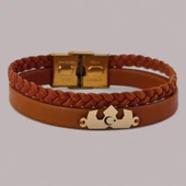 Sembole Özel Hakiki Kahverengi Derili 14 Ayar Altın Plakalı Taç Figürlü Hediye Bileklik-491 thumbnail 1