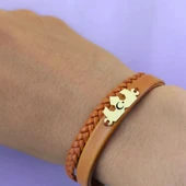 Sembole Özel Hakiki Kahverengi Derili 14 Ayar Altın Plakalı Taç Figürlü Hediye Bileklik-491 thumbnail 4