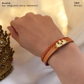 Burca Özel Taç Figürlü Hakiki Kahverengi Derili 14 Ayar Altın Plakalı Hediye Bileklik-491 thumbnail 3