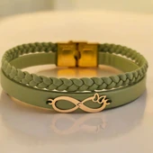 Harfe Özel 14 Ayar Altın Plakalı Sonsuzluk ve Kelebek Figürlü Doğal Yeşil Derili Hediye Bileklik-490 thumbnail 1