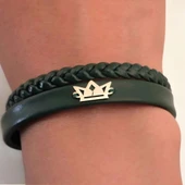 Harfe Özel 14 Ayar Altın Plakalı Taç Motifli Koyu Yeşil Derili Hediye Bileklik-494 thumbnail 3