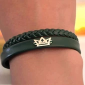 İsme Özel Taç Motifli Koyu Yeşil Derili 14 Ayar Altın Plakalı Hediye Bileklik-494 thumbnail 3
