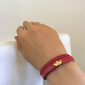 Harfe Özel 14 Ayar Altın Plakalı Taç Figürlü Doğal Bordo Derili Hediye Bileklik-493 thumbnail 2