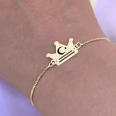 Sembole Özel Altın Renkli Zincirli 14 Ayar Altın Plakalı Taç Motifli Hediye Bileklik-492 thumbnail 4