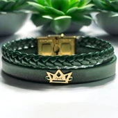 İsme Özel Taç Motifli Koyu Yeşil Derili 14 Ayar Altın Plakalı Hediye Bileklik-494 thumbnail 1