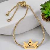 Sembole Özel Altın Renkli Zincirli 14 Ayar Altın Plakalı Taç Motifli Hediye Bileklik-492 thumbnail 1