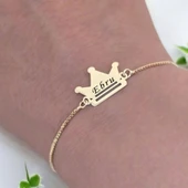 İsme Özel Taç Motifli Altın Renkli Zincirli 14 Ayar Altın Plakalı Hediye Bileklik-492 thumbnail 4