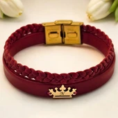 Harfe Özel 14 Ayar Altın Plakalı Taç Figürlü Doğal Bordo Derili Hediye Bileklik-493 thumbnail 1