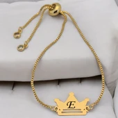 Harfe Özel 14 Ayar Altın Plakalı Taç Motifli Altın Renkli Zincirli Hediye Bileklik-492 thumbnail 1