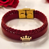 İsme Özel Taç Figürlü Doğal Bordo Derili 14 Ayar Altın Plakalı Hediye Bileklik-493 thumbnail 1