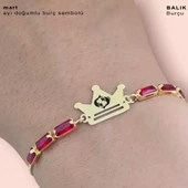 Burca Özel Taç Figürlü Kırmızı Taş Desenli Zincirli 14 Ayar Altın Plakalı Hediye Bileklik-496 thumbnail 4