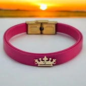 Harfe Özel 14 Ayar Altın Plakalı Taç Figürlü Doğal Pembe Derili Hediye Bileklik-495 thumbnail 1