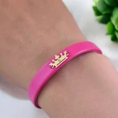 Harfe Özel 14 Ayar Altın Plakalı Taç Figürlü Doğal Pembe Derili Hediye Bileklik-495 thumbnail 4
