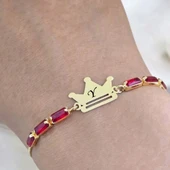 Harfe Özel 14 Ayar Altın Plakalı Taç Figürlü Kırmızı Taş Desenli Zincirli Hediye Bileklik-496 thumbnail 4