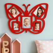 Duvar Fotoğraf Çerçevesi Kelebek Desenli Çocuk Odası Fotoğraf Çerçeve Ahşap 5 Fotoğraf Kapasiteli Pano Kırmızı - 1