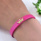 İsme Özel Taç Figürlü Doğal Pembe Derili 14 Ayar Altın Plakalı Hediye Bileklik-495 - 4