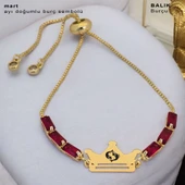 Burca Özel Taç Figürlü Kırmızı Taş Desenli Zincirli 14 Ayar Altın Plakalı Hediye Bileklik-496 thumbnail 1