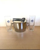 2 ADET UZUN İNCE CAM EFE RAKI BARDAĞI 1 ADET ÇELİK BUZ KOVASI ÇİF KATMANLI MAŞALI KAPAKLI KOVA - 1