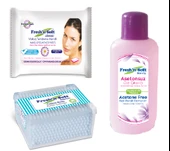 FRESHN SOFT Makyaj Temizleme Mendili + Oje Çıkarıcı Asetonsuz 200 ML + Kulak Temizleme Çubuğu 200'lü - 1