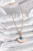 316L Çelik Gold Renk Zincir Zirkon Taş Detaylı Nazar Boncuk Göz Model Kadın Kolye - TJ-BKO9474 - 2