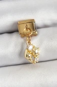 316L Çelik Sallantılı Zirkon Taşlı Deniz Kabuğu Ve Yıldız Model Gold Renk Nomination Charm - TJ-BC1436 - 1