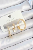 Pirinç Zirkon Taşlı Sallantılı Model Gold Renk 3'lü Çift Kadın Küpe Set - TJ-BKP10829 - 1