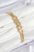 Pirinç Zirkon Taşlı Ezme Küba Zincir Model Gold Renk Kadın Bileklik - TJ-BB7549 - 2