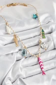 Seramik Motifli Pembe Balık Figürlü Model Krem İp Kadın Kolye - TJ-BKO10398 - 2