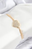 Pirinç Zirkon Taşlı Kalp Model Gold Renk Asansörlü Kadın Bileklik - TJ-BB7747 - 1