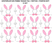 Pembe Tavşan Kostüm Seti – Taç, Papyon, Ponpon (12’li Paket) thumbnail 1
