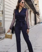 Kadın Uzun Kollu Kruvaze Yakalı Kolları Tül Detay Beli Kuşaklı Ithal Krep Tulum - 9