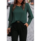 Lucky Life Kadın Uzun Kollu Yuvarlak Yakalı Düğmeli Ithal Krep Bluz - 1