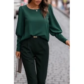 Lucky Life Kadın Uzun Kollu Yuvarlak Yakalı Düğmeli Ithal Krep Bluz - 3